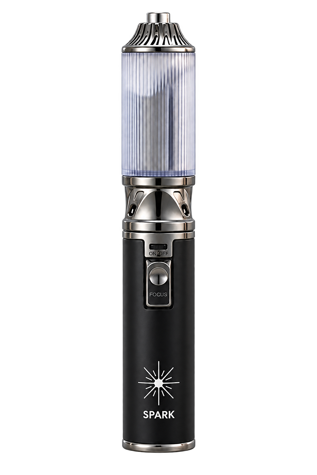 Black Atmosphere Stick with a silver ribbed upper chamber, metal control assembly and reusable handle