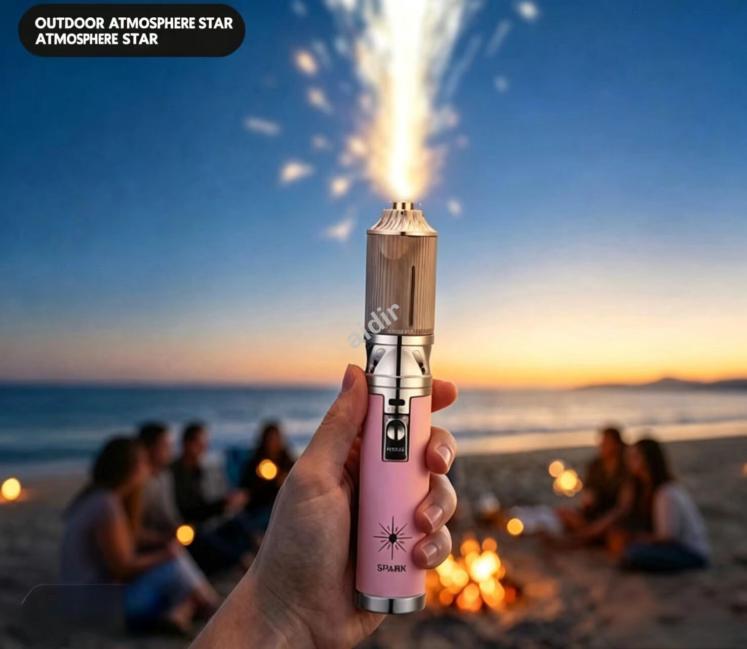 Pink atmosphere stick with sparks at sunset by the sea